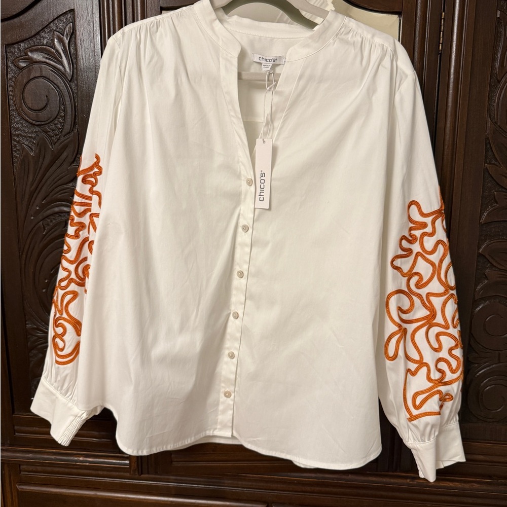 Chicos Women’s White Shirt with Embroidered Sleeves